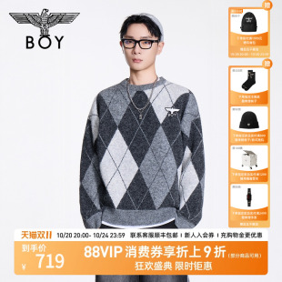 BOYLONDON情侣毛衣圆领套头2025年冬新款 撞色菱格针织上衣N60016