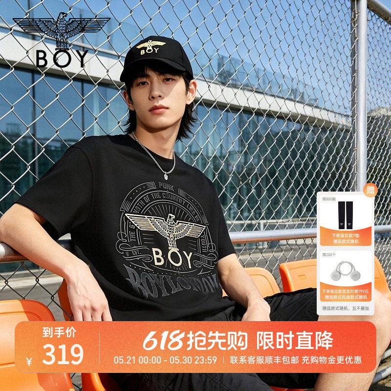 BOYLONDON黑色烫金老鹰印花短袖2026夏季新款男女潮牌T