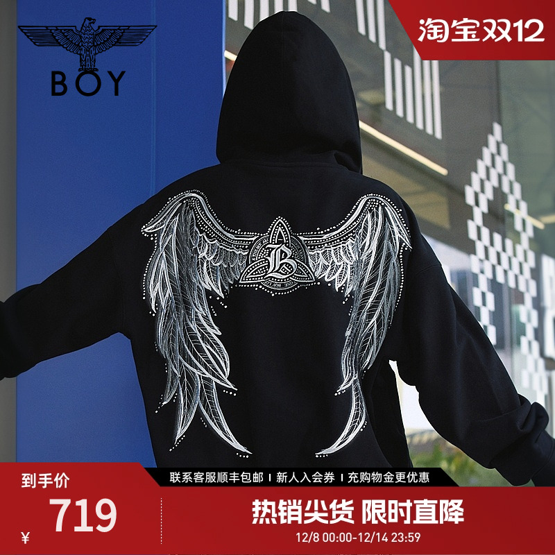 BOYLONDON秋季男女同款潮牌绣花时尚长袖连帽开衫卫衣外套N06018