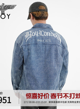 BOYLONDON春男女同款字母满印时尚百搭蓝色牛仔外套N50006