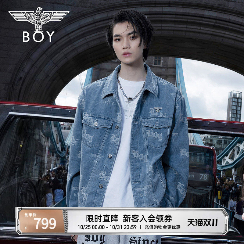 BOYLONDON秋季男女同款夹克BOY满印潮酷休闲牛仔外套N50007