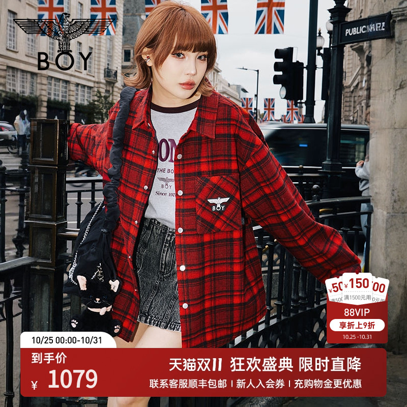 BOYLONDON情侣衬衫2025年秋新款潮流格纹绣花翻领上衣长袖N21037