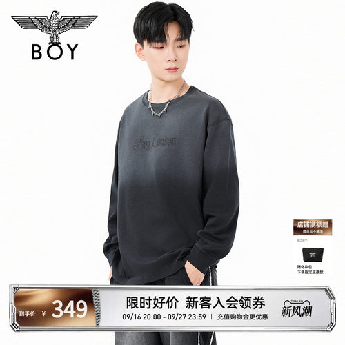 BOYLONDON时尚潮牌黑色渐变纯棉圆领长袖夏季男女同款T恤N00023