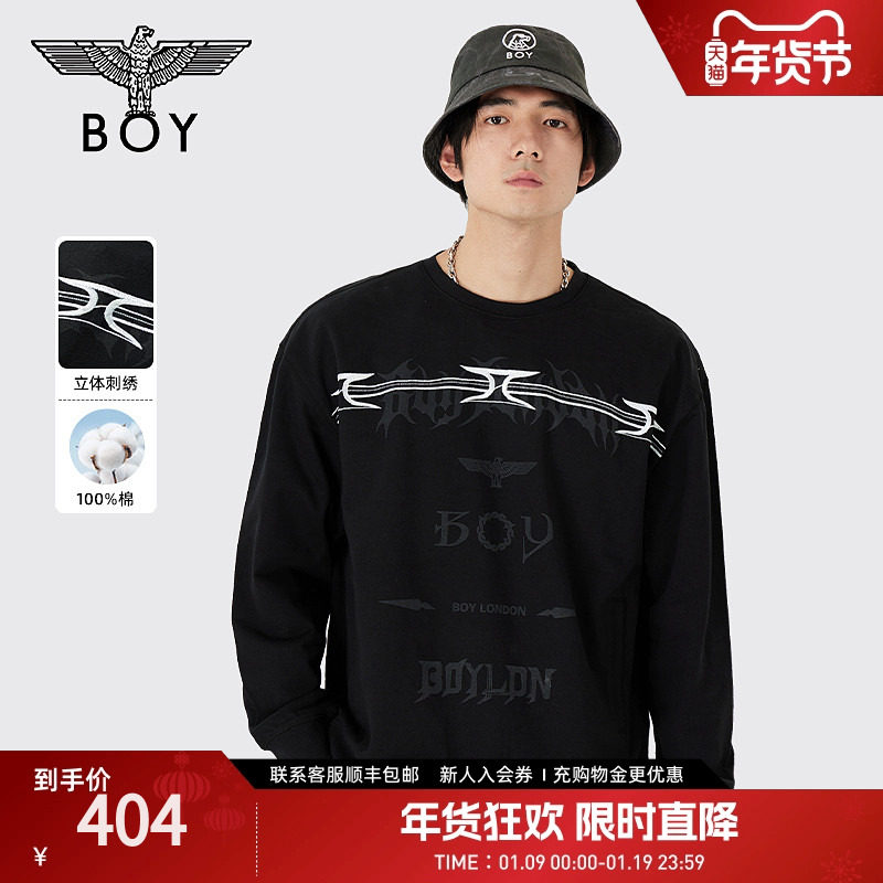BOYLONDON春季潮男女同款印花刺绣圆领套头黑色长袖卫衣