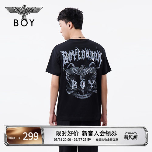 BOYLONDON时尚潮流黑色老鹰印花个性短袖夏季男女同款T恤N01048