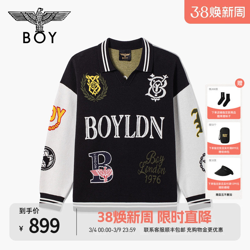 BOYLONDON美式潮流翻领棒球运动毛衣POLO领男女针织套头衫N60910