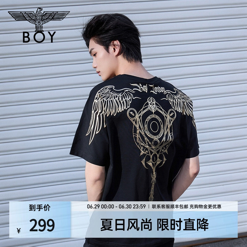 BOYLONDON暗黑罗盘夏情侣款鹰翼权杖印花哥特朋克T恤N01