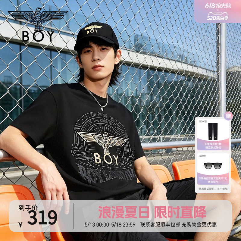 BOYLONDON黑色烫金老鹰印花短袖2026夏季新款男女潮牌T