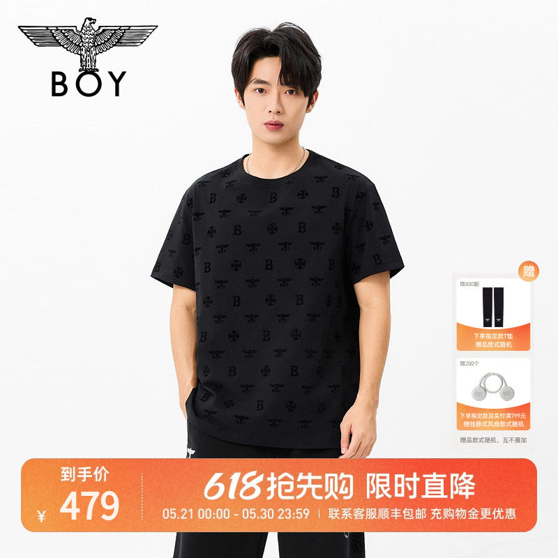 BOYLONDON纯棉黑色植绒满印立体印花短袖2026年夏季新款