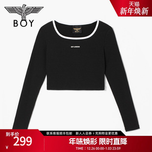 BOYLONDON春秋女式 撞色领口字母印花T恤W00002 高腰长袖