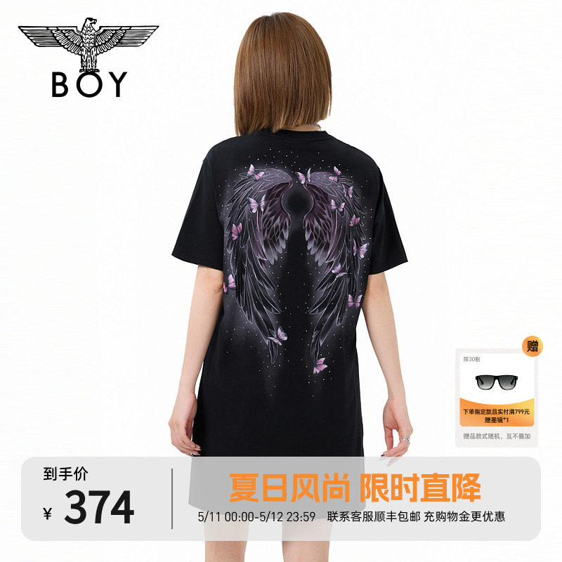 BOYLONDON蝴蝶大翅膀黑色圆领时尚休闲潮牌T恤式女款连衣裙