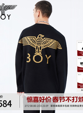BOYLONDON男士针织衫套头毛衣春季潮流金鹰宽松长袖上衣N60907