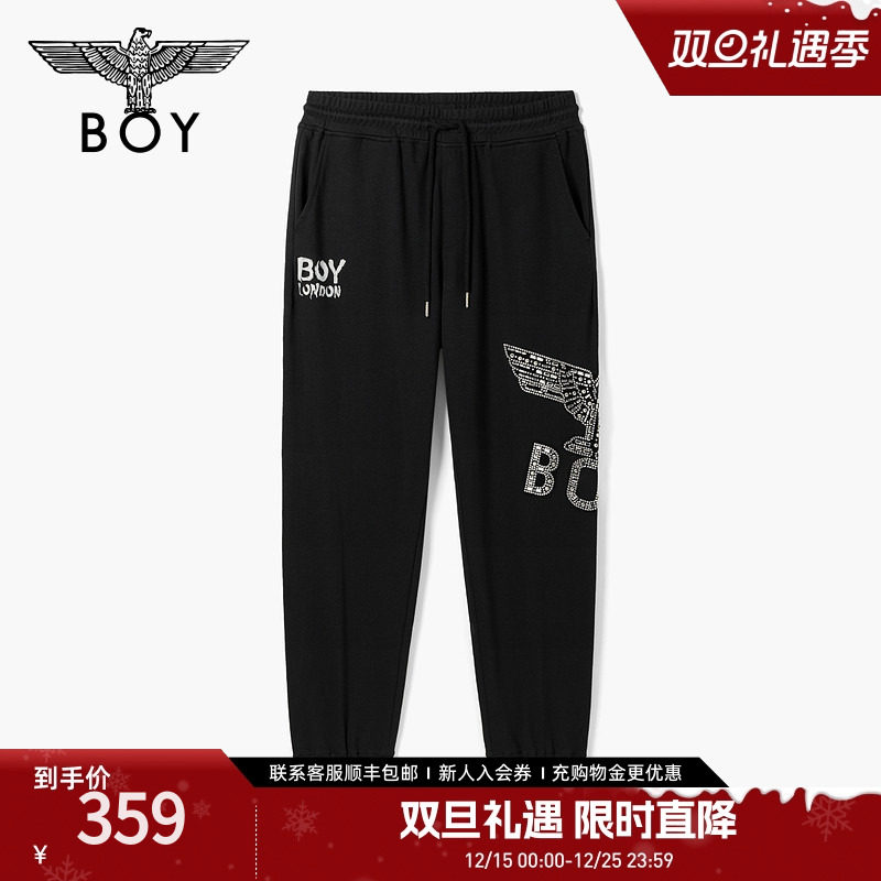 BOYLONDON休闲卫裤男女同款潮牌烫钻黑色宽松百搭哈伦裤N1