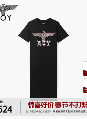 【粉钻蔷薇】BOYLONDON夏季女款直筒T恤裙翅膀黑色连衣裙W17015