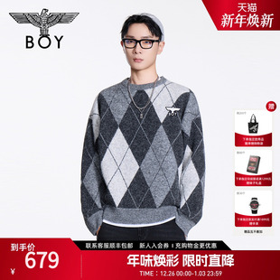 BOYLONDON情侣毛衣圆领套头2025年冬新款 撞色菱格针织上衣N60016