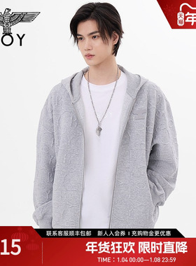 BOYLONDON春季男女同款外套字母提花宽松休闲连帽开衫卫衣N06016