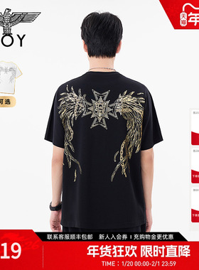 BOYLONDON情侣款短袖金色翅膀印花朋克潮牌圆领T恤N01117