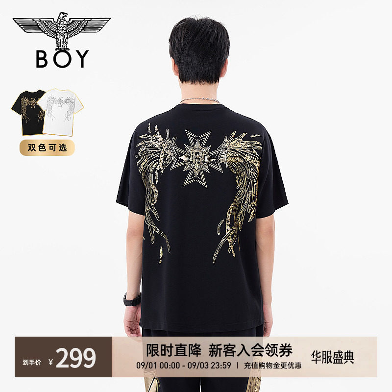 BOYLONDON情侣款短袖金色翅膀印花朋克潮牌圆领T恤N01117图片