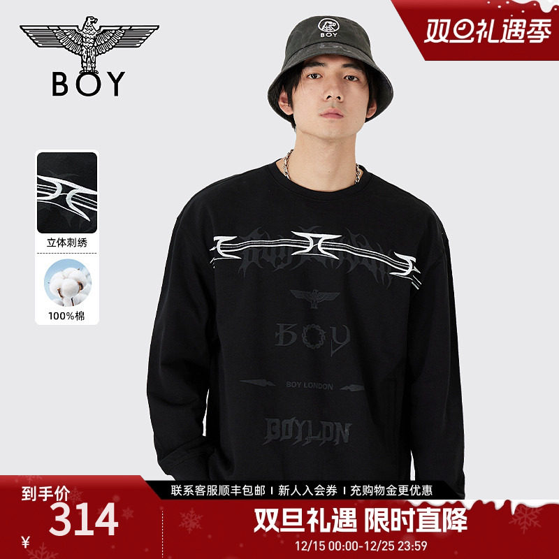 BOYLONDON春季潮男女同款印花刺绣圆领套头黑色长袖卫衣