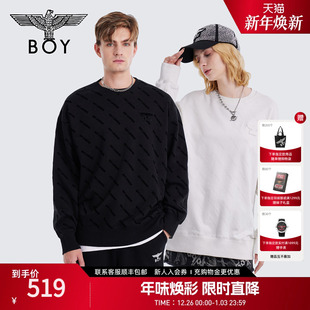 长袖 BOYLONDON男女同款 满印宽松圆领套头卫衣N03010 暗纹植绒