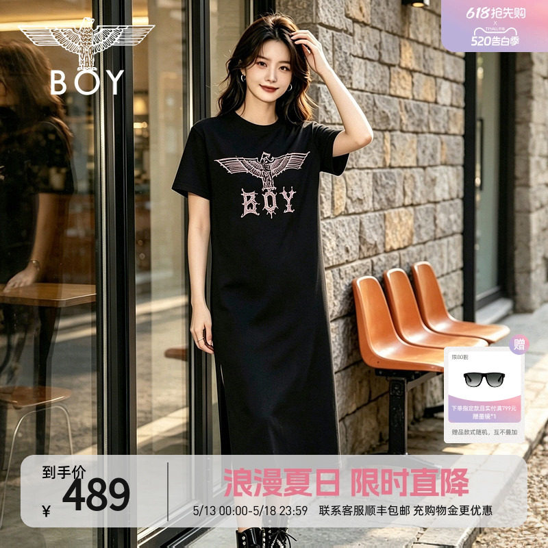 【粉钻蔷薇】BOYLONDON夏季女款直筒T恤裙翅膀黑色连衣裙W