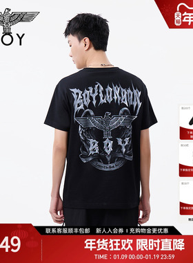 BOYLONDON时尚潮流黑色老鹰印花个性短袖春夏男女同款T恤N01048
