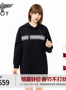 BOYLONDON女款简约黑色印花经典时尚潮牌休闲长袖连衣裙W17908