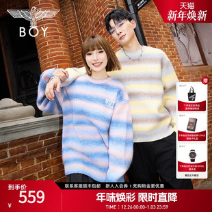 BOYLONDON春季 圆领套头针织毛衣N60900 条纹撞色学院潮牌男女同款