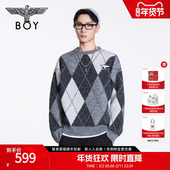 BOYLONDON情侣毛衣圆领套头秋冬季 男百搭撞色菱格针织上衣N60016