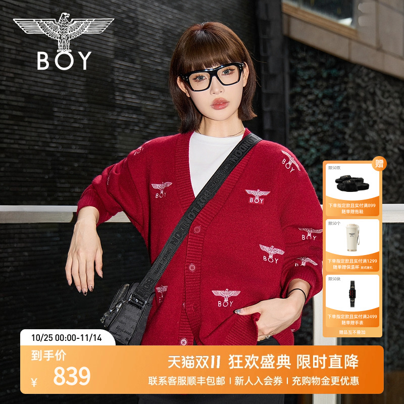 【雪意新春】BOYLONDON秋季情侣款潮牌满印V领针织毛衣开衫N64900