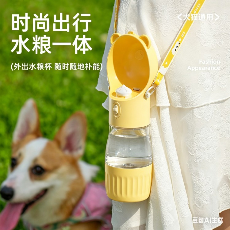 外出水杯背带斜挎水壶狗狗耐高温可装开水宠物户外水粮一体便携式