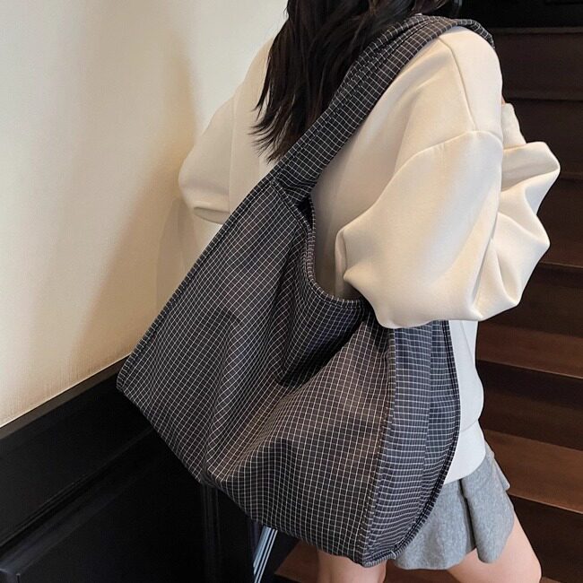 休闲大容量托特包包女2026新款时尚格纹帆布包小众百搭单肩腋下包