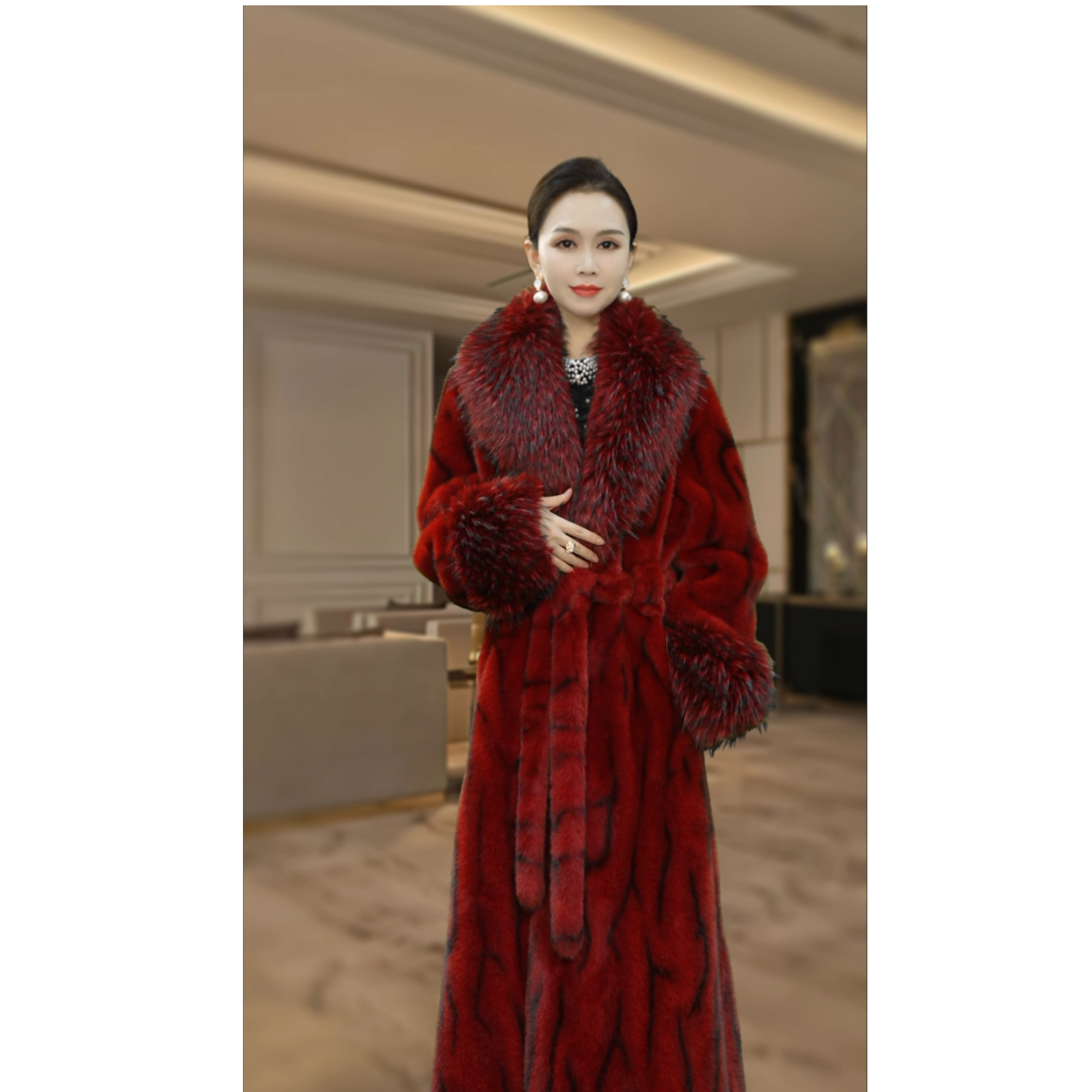 【洛十七】法式高奢红色罗曼长款新款毛外套(衣长115)