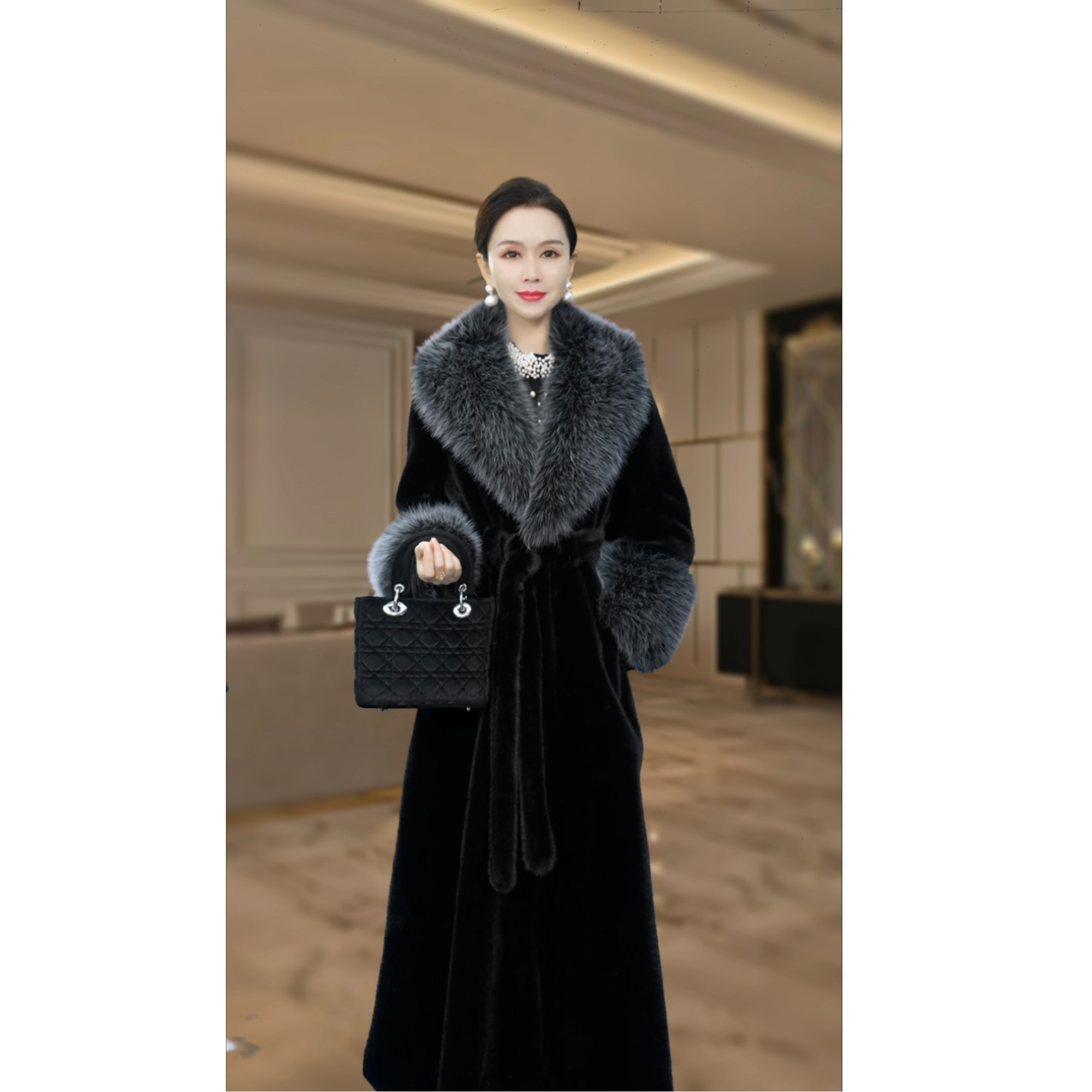 【洛十七】高奢气质秋冬新款黑小狐毛彩毛领毛外套(衣长125/110)