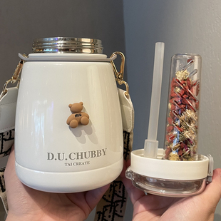 大肚保温杯女生2026新款大容量学生高颜值水壶不锈钢带吸管水杯子