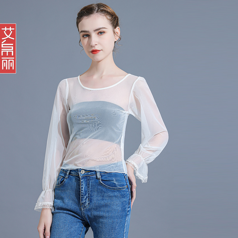 黑色打底衫女内搭2025春夏透视网纱长袖t恤洋气小衫蕾丝上衣薄款