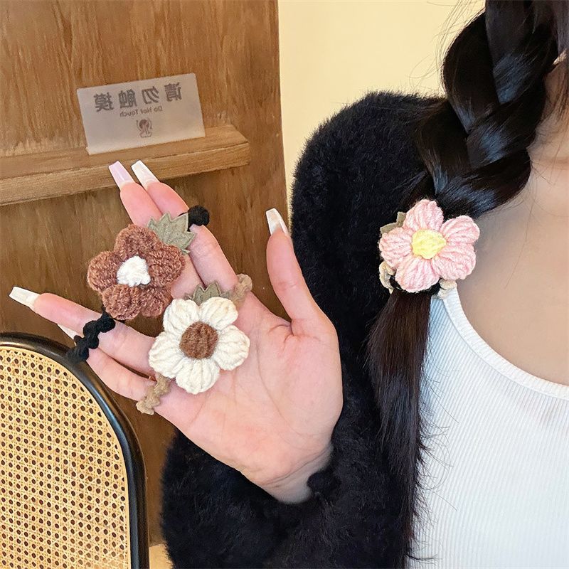 法式新款针织毛线发绳甜美花朵