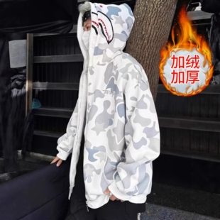 双帽鲨鱼外套男女秋冬季美式高街开衫加绒卫衣设计感刺绣迷彩上衣