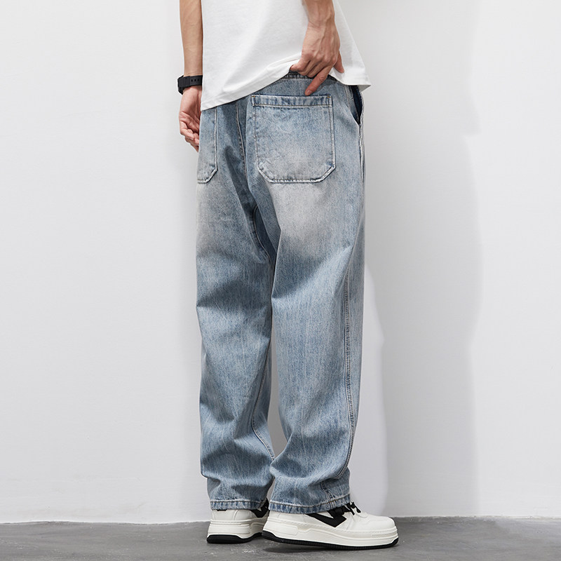 做旧水洗牛仔裤男宽松直筒阔腿浅色拖地裤男士春秋新款休闲长裤子