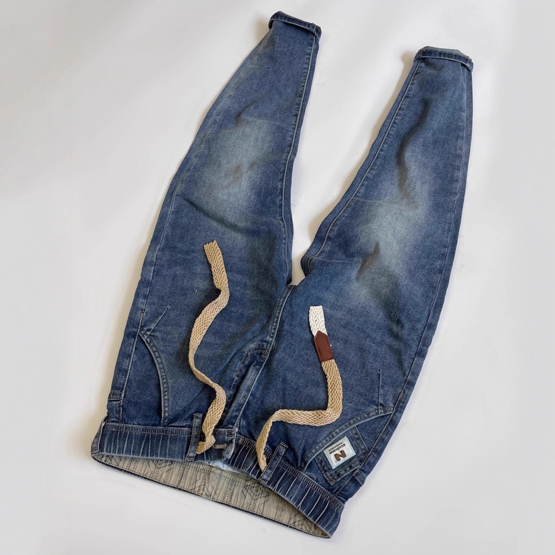 松紧腰牛仔裤男2025春秋新款斜口袋锥形小脚九分裤弹力修身9分裤