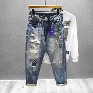 美式复古破洞贴布乞丐牛仔裤男秋冬季潮牌宽松直筒怀旧哈伦裤子男