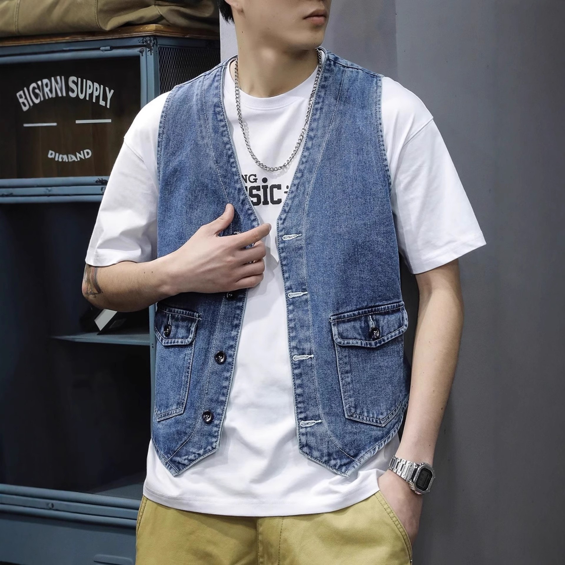 背心无袖工装夹克牛仔马甲