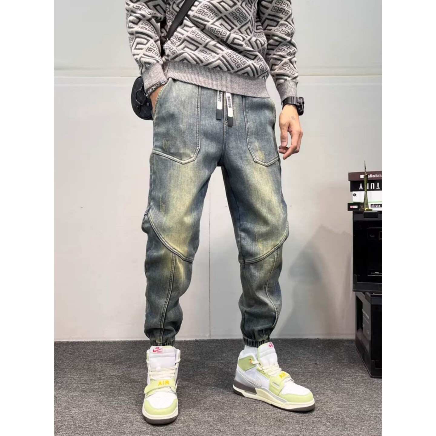 高街水洗做旧牛仔裤男士春秋新款哈伦裤子痞帅潮牌弹力束脚九分裤