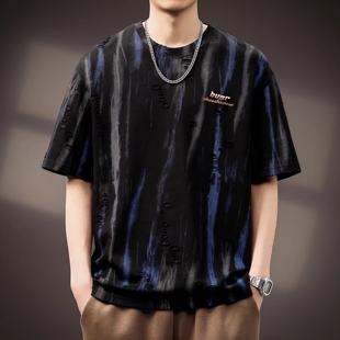高端国风水墨提花破洞短袖T恤男2026夏季宽松时尚轻奢半袖体恤潮