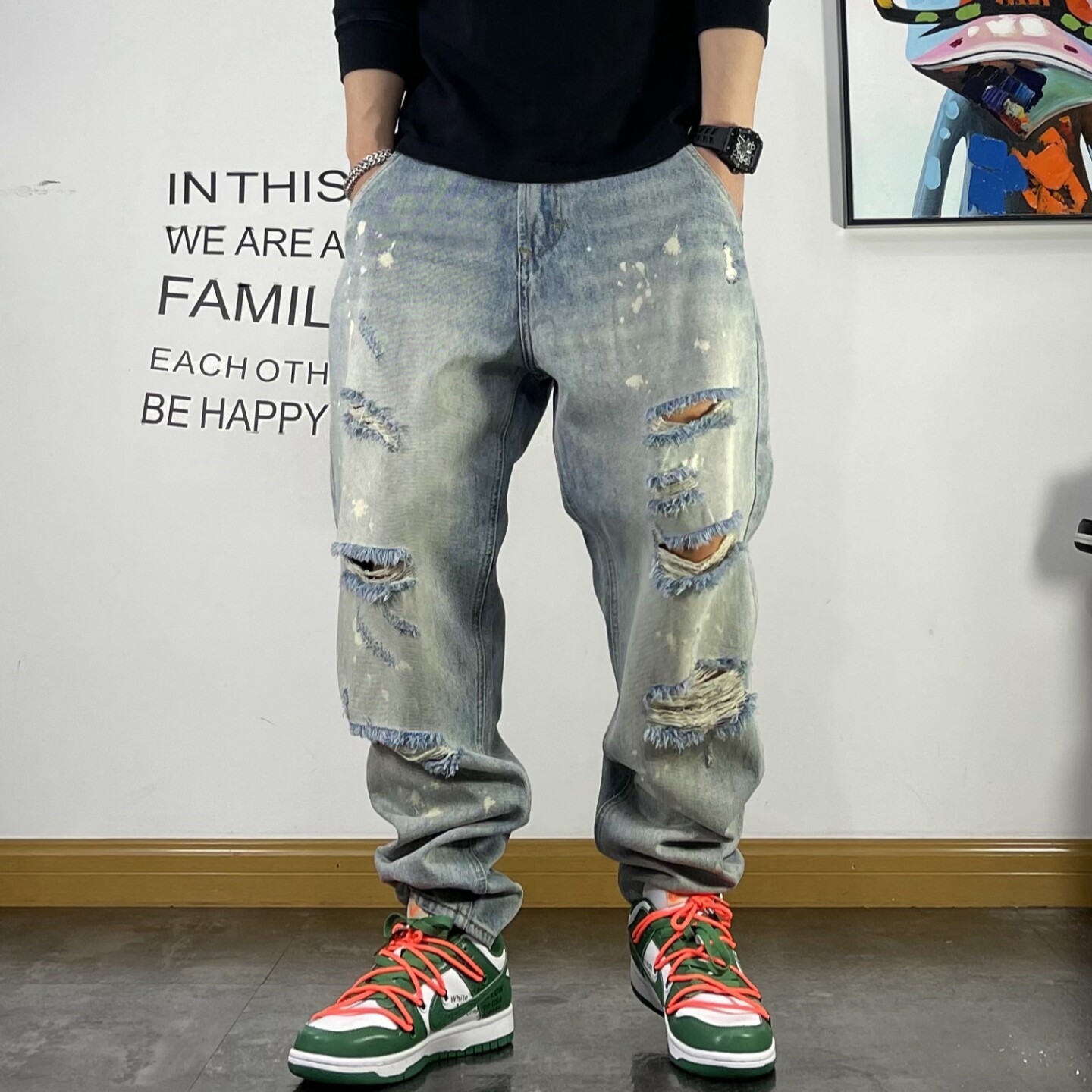 潮牌青年痞帅破洞拉风薄款牛仔裤男宽松个性水洗夏季新款乞丐裤子