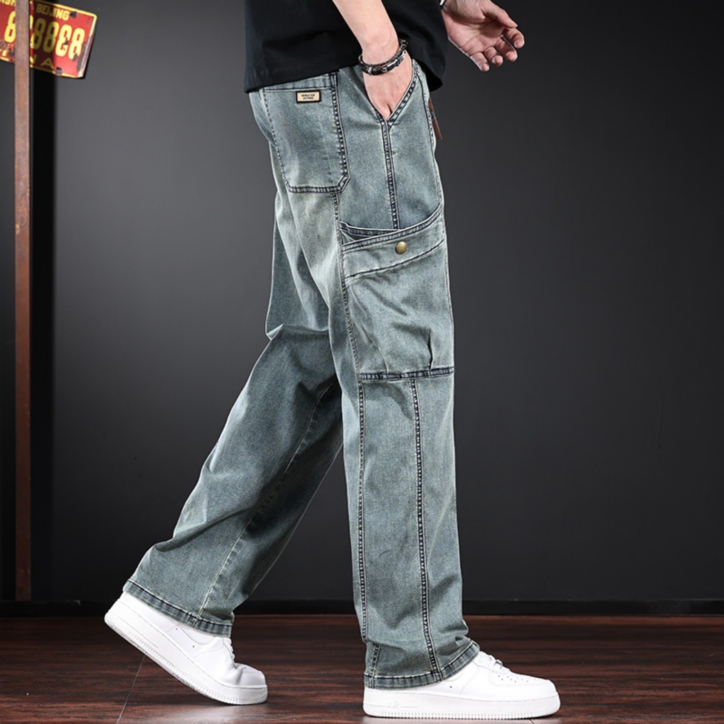 美式复古工装休闲牛仔裤男款春秋季新款松紧腰多口袋怀旧阔腿裤子