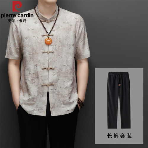 皮尔卡丹亚麻男士唐装中国风短袖立领衬衫爸爸生日婚宴礼服两套装