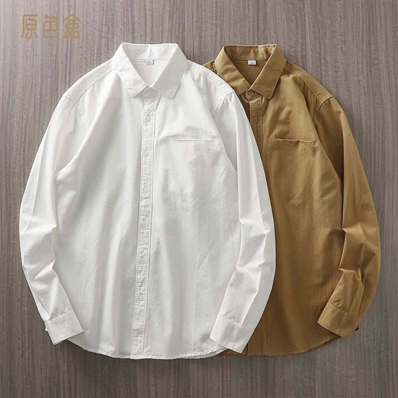 美式320G重磅长袖衬衫男秋冬季宽松休闲外套季高级感纯棉白色衬衣