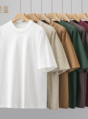 310G重磅竹节棉短袖t恤男夏季美式宽松纯棉体恤透气纯白色打底衫