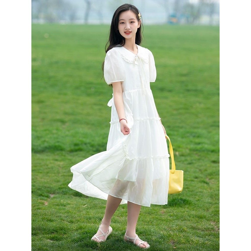 白色仙气飘飘裙子高初中学生连衣裙夏季少女大童清纯仙女款长款裙